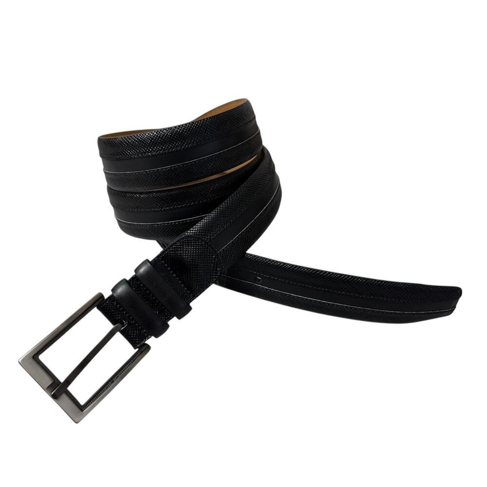 Mezlan Leather Belt Mens Size 44 Black Brass Buckle 1.5in Wide Dress Spain
